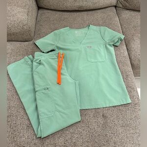 Figs Mint Green Scrub Set with Orange Drawstring